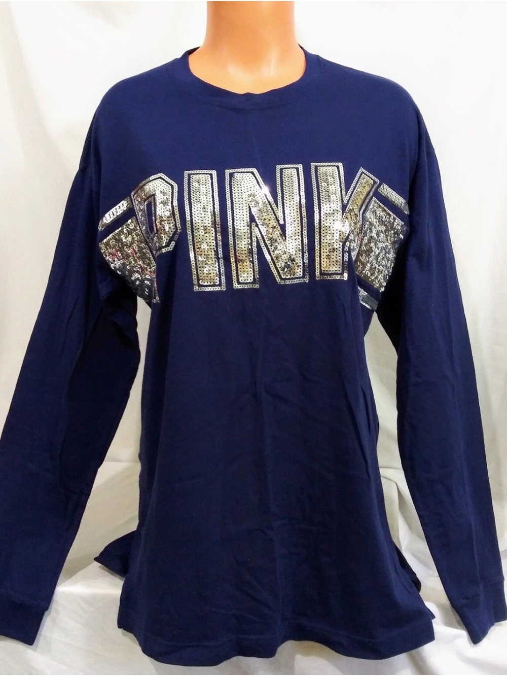PINK Victoria's Secret Navy Long-Sleeve Tee with Silver Sequin Logo